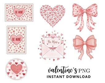 Coquette Valentines Downloadable PNG Bundle Girly Valentines Day Png Preppy Bows Hearts Stamps Valentines Shirt Png Trendy Valentines Day