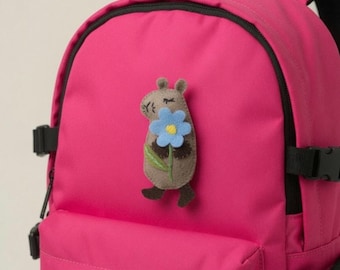 Felt Capybara Brooch with Flower – Handmade Animal Pin, Personalized Gift Pouch - Gift for girls