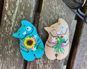 Gestickte Blumen Katzen Broschen, handgemachte Filz Kitty Pins, wunderliches Schmuckset für Katzenliebhaber