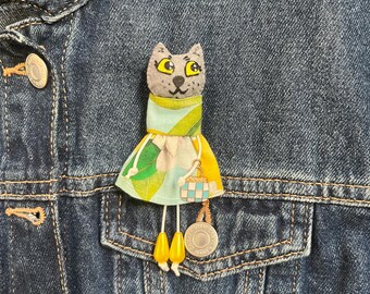 Filz Katze Brosche, Grau Kitty Anstecker, wunderliches Tier Accessoire, Katzen Liebhaber Geschenk