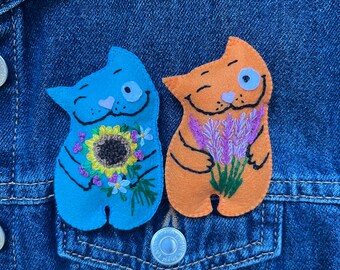 Sonnenblume & Lavendel handgestickte Katzen Broschen Set, wunderliche Filz Blumen Pins für Katzenliebhaber