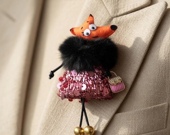 Handgemachte Filz Brosche, Fuchs Brosche, Pailletten, Geschenk für Sie