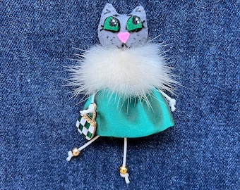Handgemachte Filz Katze Brosche, Stoff Grau Kitty Pin, wunderliche Tier Schmuck Geschenk für Sie