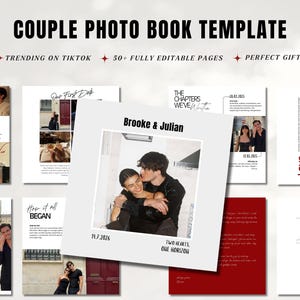 Op de afbeelding: Een digitaal fotoboeksjabloon voor koppels met meer dan 50 bewerkbare pagina's voor foto's en tekst. Het ontwerp bevat zwart-witte typografie, minimalistische kaders en tijdelijke aanduidingen voor namen zoals Brooke en Julian, data en bijschriften.