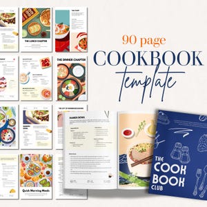 Puede incluir: Una plantilla de libro de cocina de 90 páginas con ilustraciones coloridas de varios platos. La portada es azul con el texto "The Cook Book Club". En el interior, las páginas muestran recetas como ramen bowl y burrito bowls. El texto incluye "The Lunch Chapter" y "Quick Morning Meals."