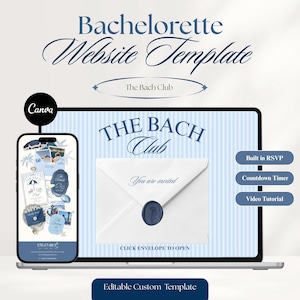 May include: A digital bachelorette website template displayed on a laptop and smartphone screen. The design features a blue and white striped theme with the text "The Bach Club," "You are invited," and "Click envelope to open." Includes buttons for RSVP, countdown timer, and video tutorial.
