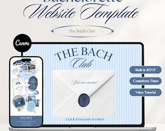 Plantilla web para despedida de soltera, invitación de The Bach Club en Canva, itinerario de viaje de chicas a la playa, sitio web de confirmación de asistencia en la costa, fin de semana de despedida de soltera