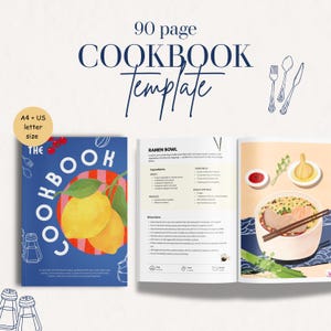 Pode incluir: Um modelo de livro de receitas com uma capa azul e uma ilustração de limão. As páginas abertas exibem uma receita de ramen. O texto inclui "90 page COOKBOOK Template" e "A4 + US letter size".
