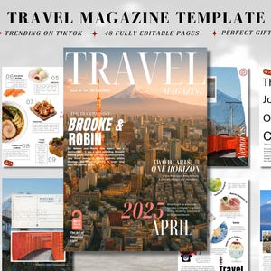 Könnte beinhalten: Eine Vorlage für ein Reisemagazin mit dem Titel "TRAVEL MAGAZINE" und dem Text "BROOKE & ROBIN" auf dem Cover. Das Cover zeigt eine Stadtlandschaft mit einem Berg im Hintergrund. Der Text "2025 APRIL" ist ebenfalls sichtbar.