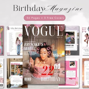 May include: A magazine cover with the word "VOGUE" and the text "Birthday Magazine". The cover features a woman blowing out candles on a pink cake. The magazine has 56 pages and 3 free covers.