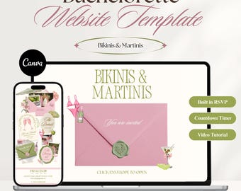 Plantilla web para despedida de soltera con bikinis y martinis, invitación en Canva, itinerario para viaje de chicas junto a la piscina, sitio web para confirmar asistencia, fin de semana de despedida de soltera.