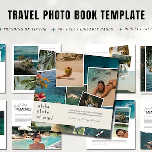 Puede incluir: Una plantilla de libro de fotos de viajes con más de 50 páginas editables con imágenes tropicales, incluyendo olas del mar, palmeras y escenas de playa. El diseño muestra textos como TRAVEL PHOTO BOOK TEMPLATE, aloha state of mind y MEMORIES.