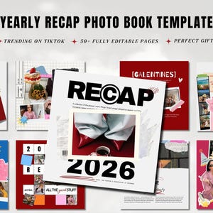 May include: A digital yearly recap photo book template featuring a central cover design with the text RECAP 2026, surrounded by various collage-style page layouts containing photographs, graphic elements, and text snippets in a grid arrangement.