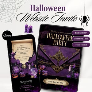 Könnte beinhalten: Eine digitale Halloween-Website-Einladungsvorlage mit violetten und schwarzen Motiven, inklusive Grafiken von Kerzen, Kürbissen, einer Spinne und einem Netz. Die Oberfläche enthält Text wie Halloween Party, Built in RSVP, Countdown Timer und Video Tutorial.