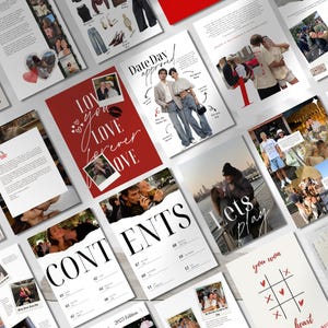 May include: A collection of magazine pages with photos and text. The pages feature images of couples, the words "LOVE" and "CONTENTS", and the phrase "Date Day approved". The color scheme includes red, white, and black.