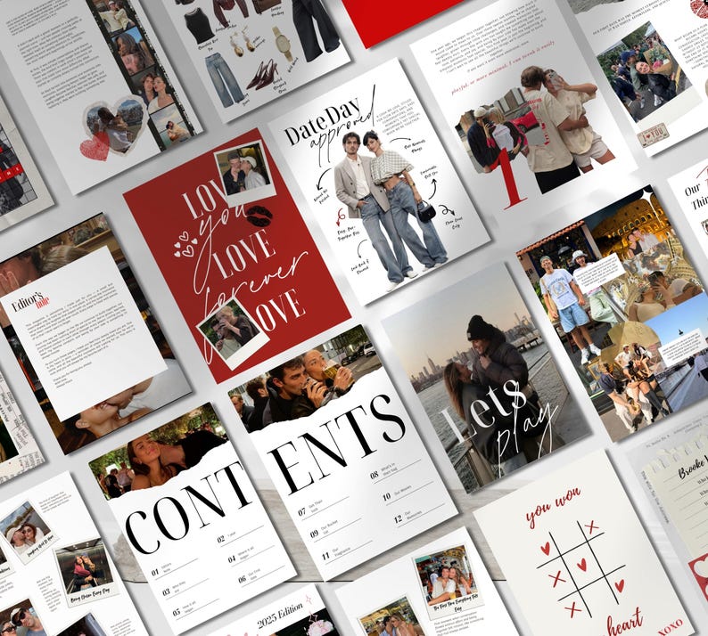 May include: A collection of magazine pages with photos and text. The pages feature images of couples, the words "LOVE" and "CONTENTS", and the phrase "Date Day approved". The color scheme includes red, white, and black.