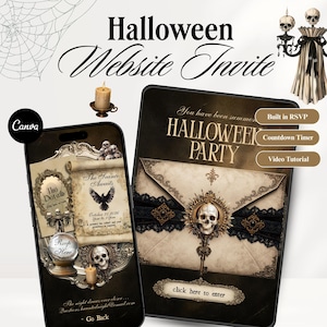 May include: A digital Halloween website invitation template featuring a dark, gothic aesthetic with skulls, candles, and ornate frames. The interface includes buttons for RSVP, a countdown timer, and a video tutorial, with text reading Halloween Party.