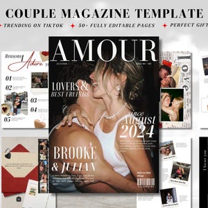 以下が含まれることがあります： 「Couple Magazine Template」というタイトルの雑誌テンプレートで、大きな文字で「AMOUR」と書かれています。表紙には抱き合うカップルが描かれており、「Brooke & Julian」という名前と「August 2024」という日付が書かれています。「Trending on TikTok」というテキストも表示されています。