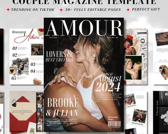 Plantilla de revista para parejas / Aniversario, compromiso y San Valentín / Regalo editable en Canva