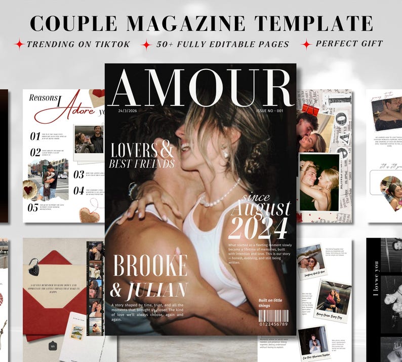 May include: A magazine template with the title "Couple Magazine Template" and the word "AMOUR" in large letters. The cover features a couple embracing, with the names "Brooke & Julian" and the date "August 2024". The text "Trending on TikTok" is also visible.