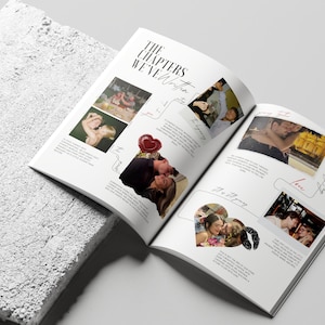 May include: An open book with the title "The Chapters We've Written" features photographs of couples. The pages are white with black text and handwritten-style accents. The book is on a textured, light gray surface.