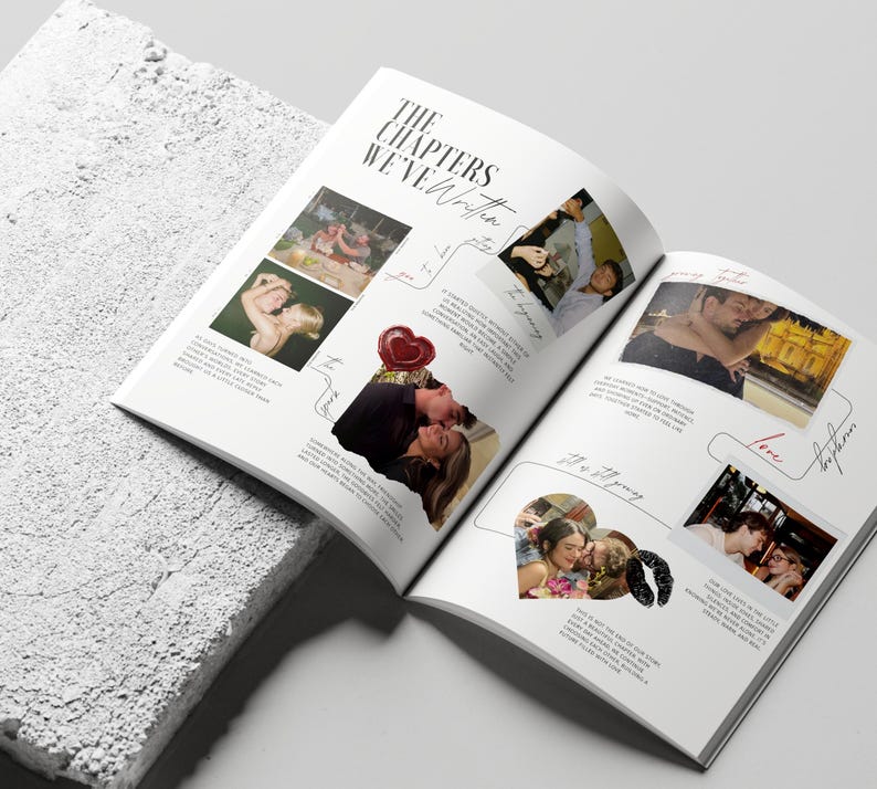 May include: An open book with the title "The Chapters We've Written" features photographs of couples. The pages are white with black text and handwritten-style accents. The book is on a textured, light gray surface.