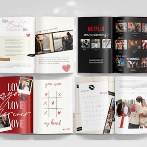 May include: A spread of open books with various pages. One page says "Our Bucket List" with handwritten text and a heart. Another page says "enjoy every moment" with photos. Other pages include "Netflix: Who's watching?" and a tic-tac-toe game.