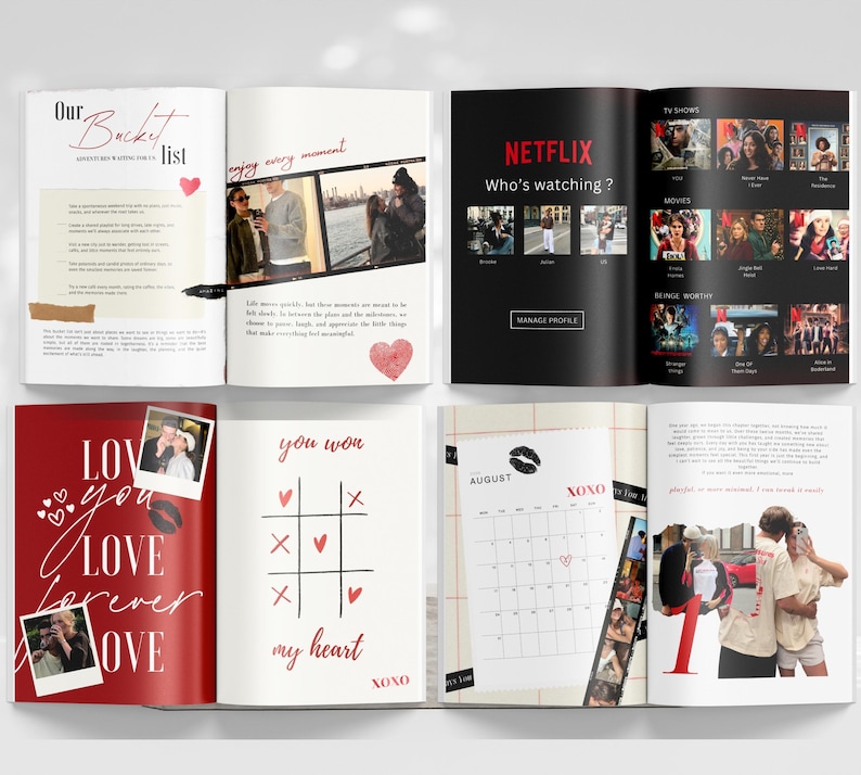 May include: A spread of open books with various pages. One page says "Our Bucket List" with handwritten text and a heart. Another page says "enjoy every moment" with photos. Other pages include "Netflix: Who's watching?" and a tic-tac-toe game.