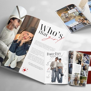 May include: Open magazine spread featuring fashion and lifestyle content. The cover reads "Who's that girl" in a stylish font. Inside, there are photos of people and the text "Date Day approved". The pages are filled with images and articles.