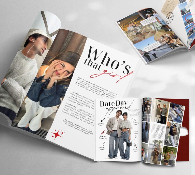 May include: Open magazine spread featuring fashion and lifestyle content. The cover reads "Who's that girl" in a stylish font. Inside, there are photos of people and the text "Date Day approved". The pages are filled with images and articles.