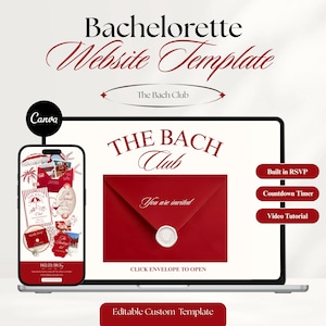 May include: A digital bachelorette website template featuring a laptop and smartphone display. The screen shows a red envelope with a wax seal, the text The Bach Club, and buttons for Built in RSVP, Countdown Timer, and Video Tutorial.