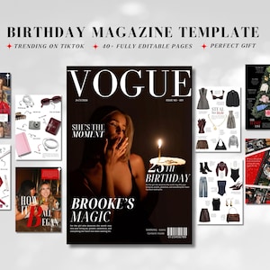 Könnte beinhalten: Eine Magazinvorlage mit dem Text "BIRTHDAY MAGAZINE TEMPLATE" und "VOGUE" auf dem Cover. Das Cover zeigt eine Frau mit einer brennenden Kerze. Zusätzliche Seiten zeigen Mode- und Geschenkideen.