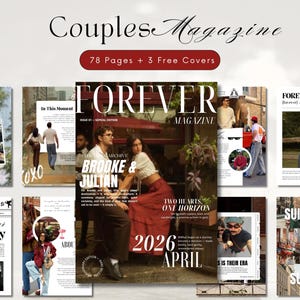 以下が含まれることがあります： 「Couples Magazine」というタイトルの雑誌の表紙と「78 Pages + 3 Free Covers」というテキスト。メインの表紙には、カップルと「FOREVER MAGAZINE」と「Brooke & Julian」というテキストが掲載されています。「2026 April」の日付も表示されています。