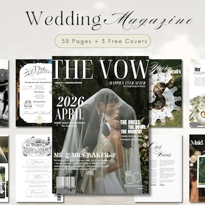 Può includere: Una copertina di rivista di matrimonio con il titolo "THE VOW" e il testo "HAPPILY EVER AFTER". L'immagine mostra una coppia che si bacia sotto un velo. La rivista include anche il testo "2026 APRILE" e "58 Pages + 3 Free Covers."