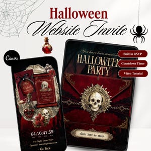 May include: A digital Halloween website invitation displayed on a smartphone and tablet screen. The design features a dark red and black theme with skull motifs, ornate frames, a countdown timer, and buttons labeled Built in RSVP, Countdown Timer, and Video Tutorial.