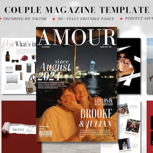 Può includere: Un modello di rivista intitolato "Couple Magazine Template" con la parola "AMOUR" a lettere grandi. La copertina presenta una coppia con il testo "Brooke & Julian" e "Dal agosto 2024". Il modello include pagine modificabili ed è di tendenza su TikTok.