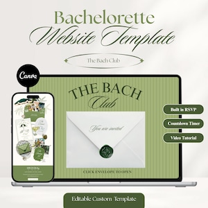 May include: A digital bachelorette website template displayed on a laptop and smartphone screen. The design features a sage green color palette, a white envelope with a green wax seal, and text including Bachelorette Website Template, The Bach Club, You are invited, Click envelope to open, Built in RSVP, Countdown Timer, and Video Tutorial.