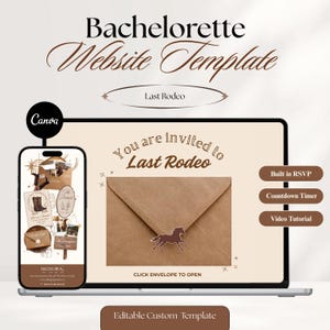 May include: A Bachelorette Website Template featuring a Last Rodeo theme displayed on a laptop and smartphone screen. The design includes brown envelopes, cowboy boots, and text reading You are invited to Last Rodeo, Built in RSVP, and Countdown Timer.