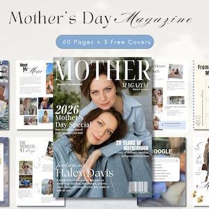 Może przedstawiać: Okładka magazynu z tytułem "Mother's Day Magazine" i tekstem "60 Pages + 3 Free Covers". Okładka przedstawia dwie kobiety i tytuł "MOTHER MAGAZINE". Magazyn to "2026 Mother's Day Special" z Haley Davis.