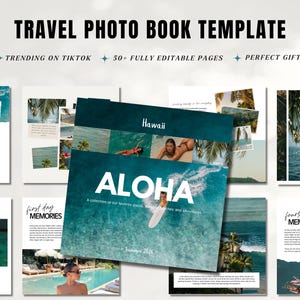 May include: A digital travel photo book template featuring the text TRAVEL PHOTO BOOK TEMPLATE, TRENDING ON TIKTOK, 50+ FULLY EDITABLE PAGES, and PERFECT GIFT. The central page displays the word ALOHA over a blue ocean scene with a surfboard.