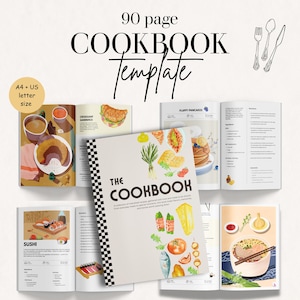 Może przedstawiać: Szablon książki kucharskiej z tytułem "The Cookbook" oraz tekstem "90 stron" i "A4 + US letter size". Okładka zawiera akwarelowe ilustracje potraw. Otwarte strony wyświetlają przepisy na sushi, puszyste naleśniki i kanapkę z croissantem.