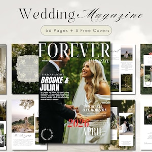 May include: A digital wedding magazine template featuring 66 pages and 3 free covers. The central cover displays a couple holding hands with the text Forever Magazine, Brooke & Julian, and April 2026. Surrounding pages show various wedding photography layouts, text blocks, and floral design elements in a clean, editorial style.