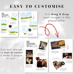 May include: A customizable digital template with the text "THE CHAPTERS WE'VE WRITTEN." The design includes placeholders for images, a heart-shaped graphic, and the phrases "The beginning," "Love," and "It is still going." The text "EASY TO CUSTOMISE" is at the top.
