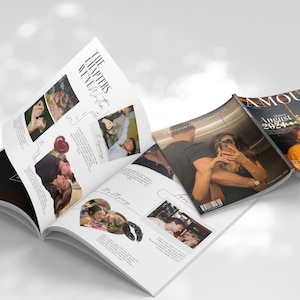 May include: Open magazine with the text "THE CHAPTERS WE WRITE" and photos of couples. A magazine titled "AMOUR" is visible, with the text "since August 2024". The pages show romantic images.