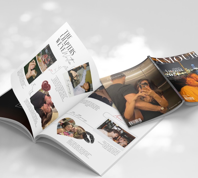 May include: Open magazine with the text "THE CHAPTERS WE WRITE" and photos of couples. A magazine titled "AMOUR" is visible, with the text "since August 2024". The pages show romantic images.