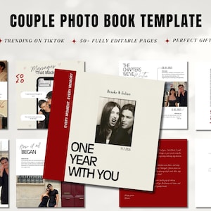 Peut inclure: Un modèle de livre photo numérique pour couple avec un design crème et rouge foncé. La couverture affiche le texte "ONE YEAR WITH YOU" et "EVERY MOMENT, EVERY MEMORY" avec une photographie centrale en noir et blanc d'un couple nommé Brooke et Julian.