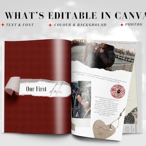 May include: An open book with a burgundy left page and a right page with photos and text. The left page has a torn section revealing the words "Our First Date". The top of the book reads "WHAT'S EDITABLE IN CANVA".