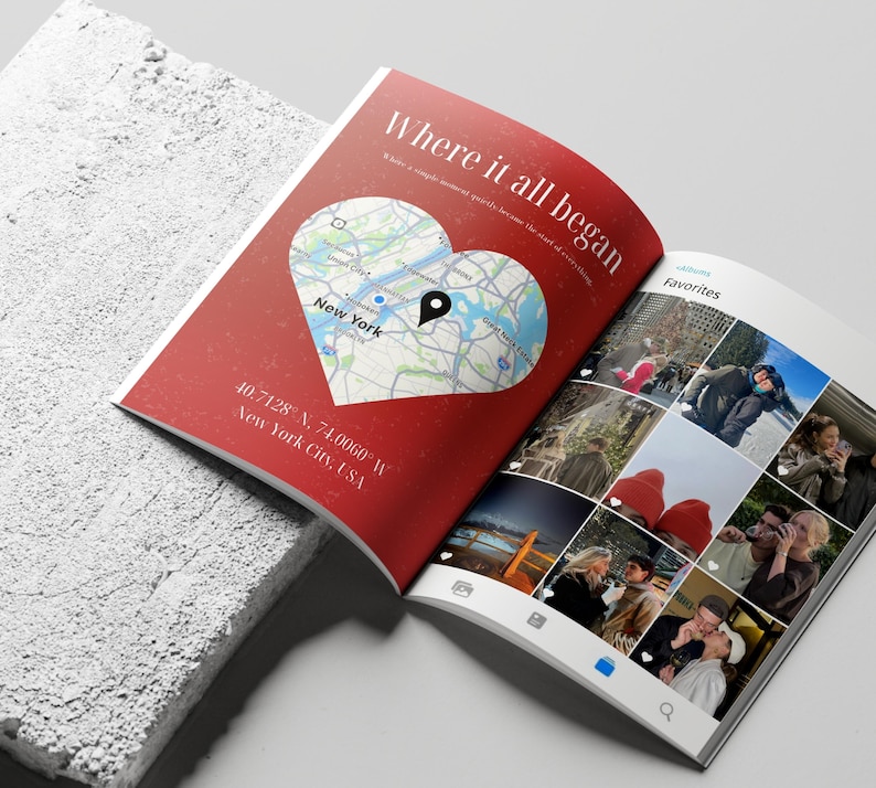 May include: An open magazine with a red cover featuring a heart-shaped map of New York City and the text "Where it all began." The opposite page displays a grid of photos labeled "Favorites."