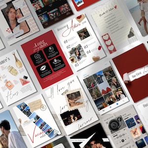 May include: A collection of digital art prints and templates with romantic themes. The designs include photo collages, lists, and graphics with text like "Reasons I Adore You," "Our First Date," and "Vacation Edit."