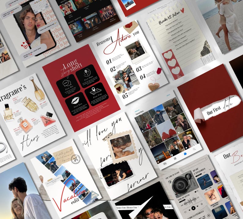 May include: A collection of digital art prints and templates with romantic themes. The designs include photo collages, lists, and graphics with text like "Reasons I Adore You," "Our First Date," and "Vacation Edit."
